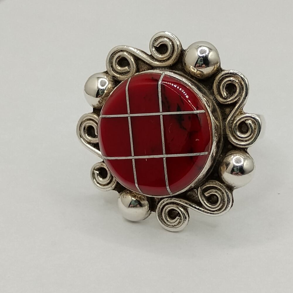 Red Jasper Inlay Sterling Silver Adjustable Ring